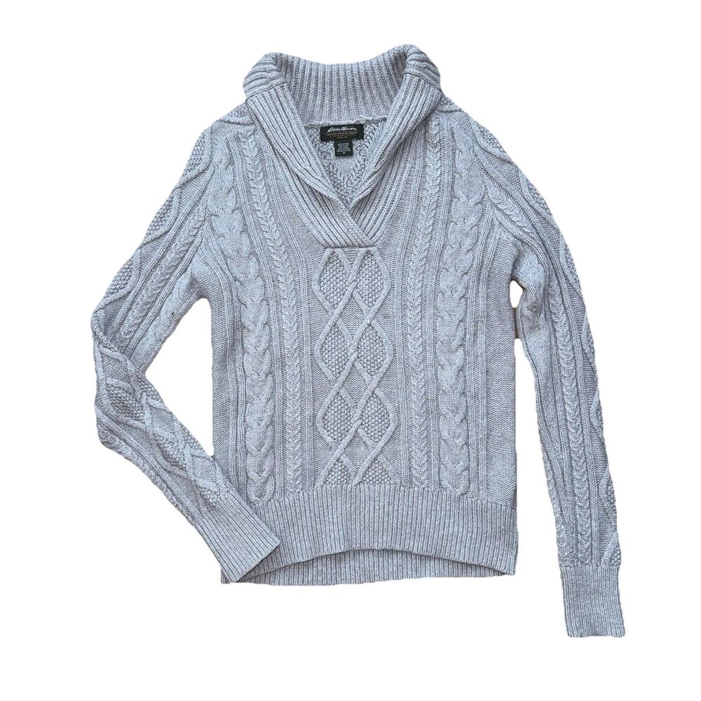 Eddie Bauer Women’s Shawl Aran Sweater Fisherman Chunky Knit Sz Small Wool Blend